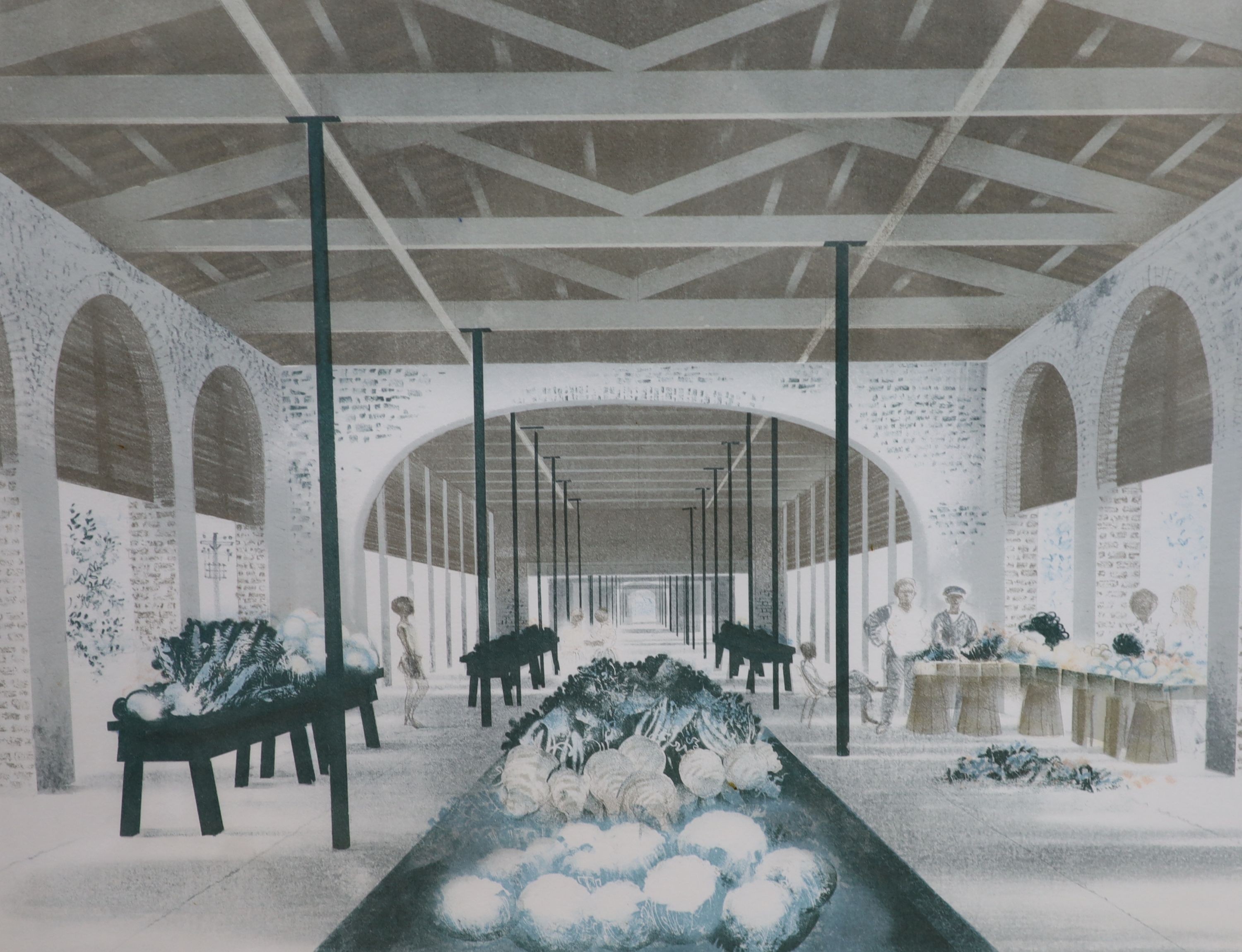 David Gentleman, limited edition print, 'Charleston Market', signed in pencil, 45/100, 44 x 56cm and a colour print by Von Hamamet